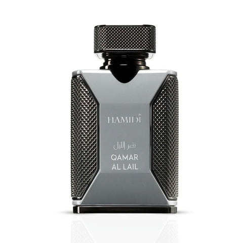 Hamidi Qamar Al Lail Eau de Parfum spray bottle, 100ml, with elegant packaging and perfume cap.