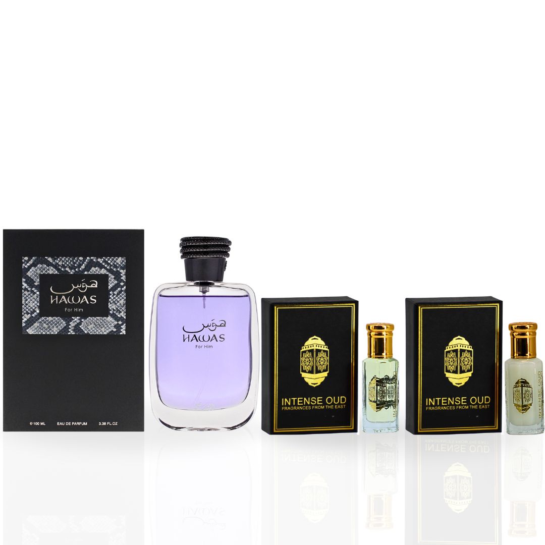Hawas for Men EDP Spray 100ML (3.4 OZ) & Musk Tahara Perfume Oil 12ML (0.4 OZ) & Oudh Malak Perfume Oil 12ML (0.4 OZ) With Magnetic Gift Box | Redefine Your Aura With These Scents. - Intense Oud