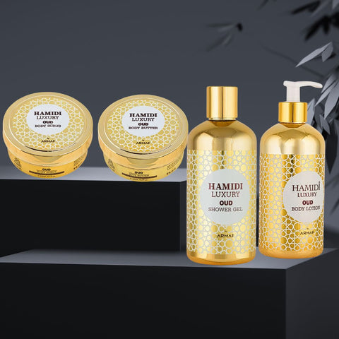 4PCS LUXURY OUD - Bath & Body Gift Set Magnetic Box By Hamidi | Ultra Moisturizing, Skin-Nourishing, Naturally Derived Ingredients. (PACK OF 4) - Intense Oud