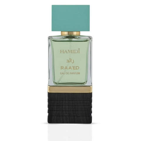 Hamidi Raeed Eau de Parfum Spray 100ml, elegant glass bottle with a sleek design, showcasing the Hamidi fragrance.