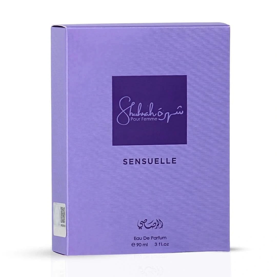 Rasasi Shuhrah Sensuelle Pour Femme Eau de Parfum spray bottle, 90ml, with elegant packaging and floral fragrance design.