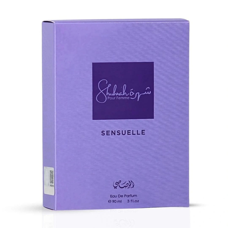 Rasasi Shuhrah Sensuelle Pour Femme Eau de Parfum spray bottle, 90ml, with elegant packaging and floral fragrance design.