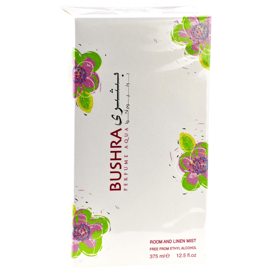Aqua Bushra air freshener bottle by Rasasi, 375ml, with a sleek design and label displaying the brand and product name.
