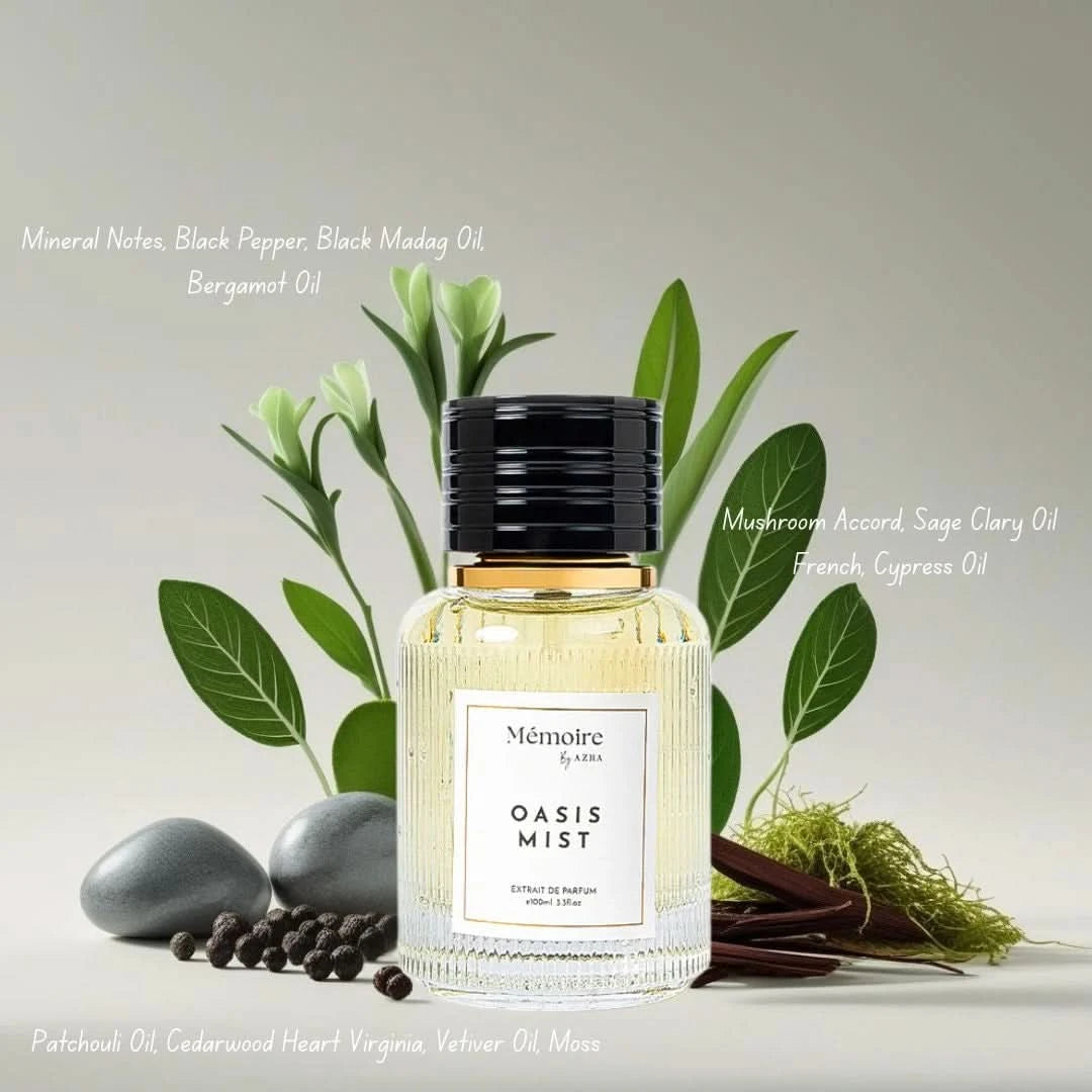 AZHA Oasis Mist & Velvet Whispers perfume spray bundle from Memoire Collection, featuring elegant 100ml bottles.