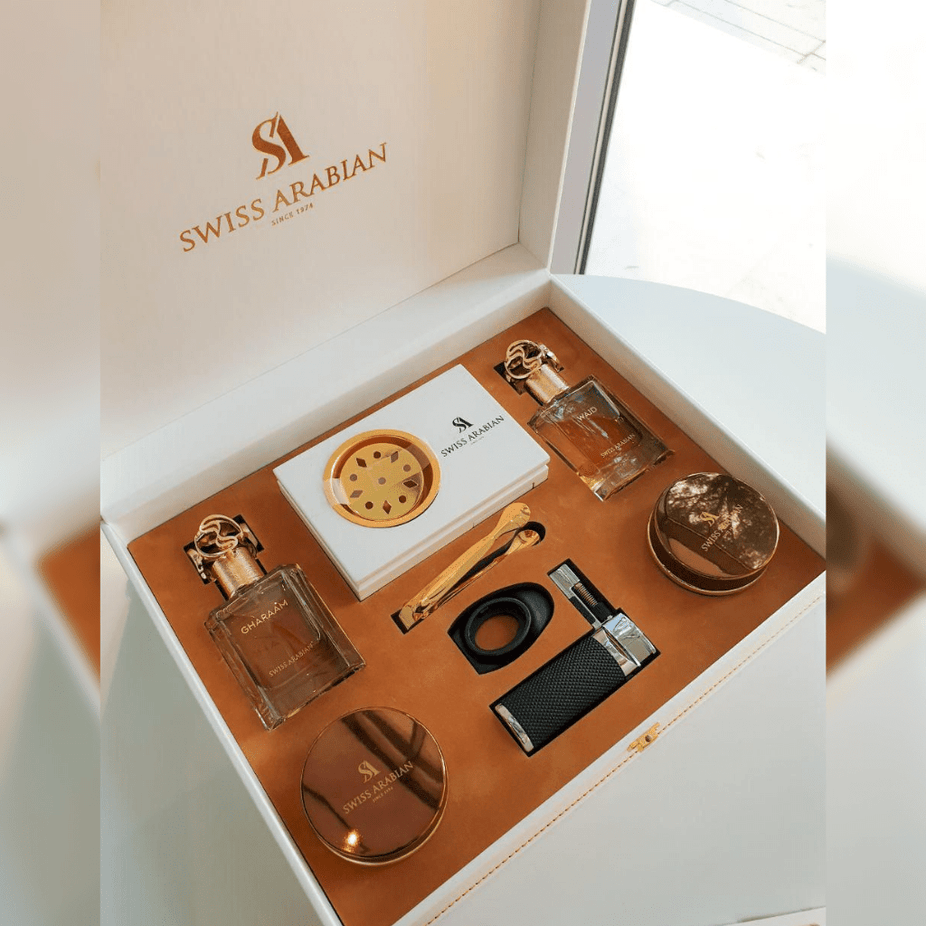 Swiss Arabian Bakhoor Gift Set from the Exclusive Collection, featuring decorative incense burners and fragrant bakhoor included.
