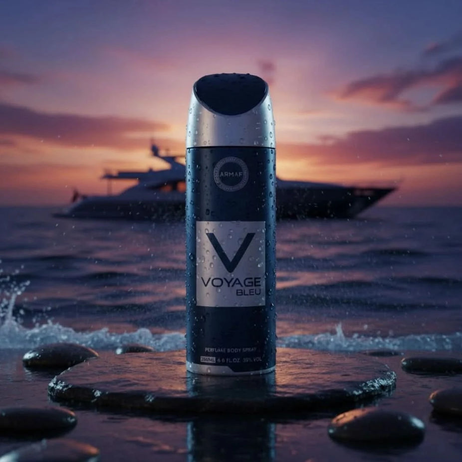 Armaf Voyage Bleu deodorant spray 200ml bottle, featuring sleek blue packaging and spray nozzle, designed for freshening up.