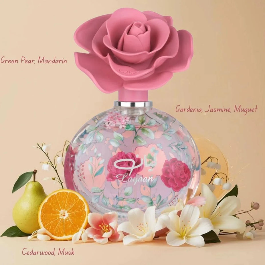 Lattafa Nasmaat 100ml and Layaan 75ml Eau de Parfum sprays in a bundle, featuring elegant glass bottles with spray nozzles.