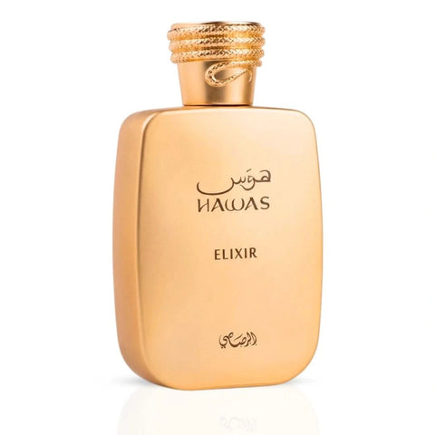 Rasasi Hawas Elixir Eau de Parfum spray bottle, 100ml, with sleek packaging and aromatic fragrance visible in the image.