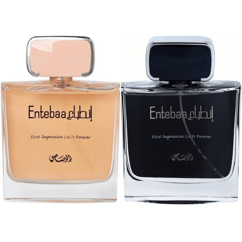 Entebaa EDP couple set by Rasasi, featuring two 100ml perfume bottles for men and women, with elegant packaging.