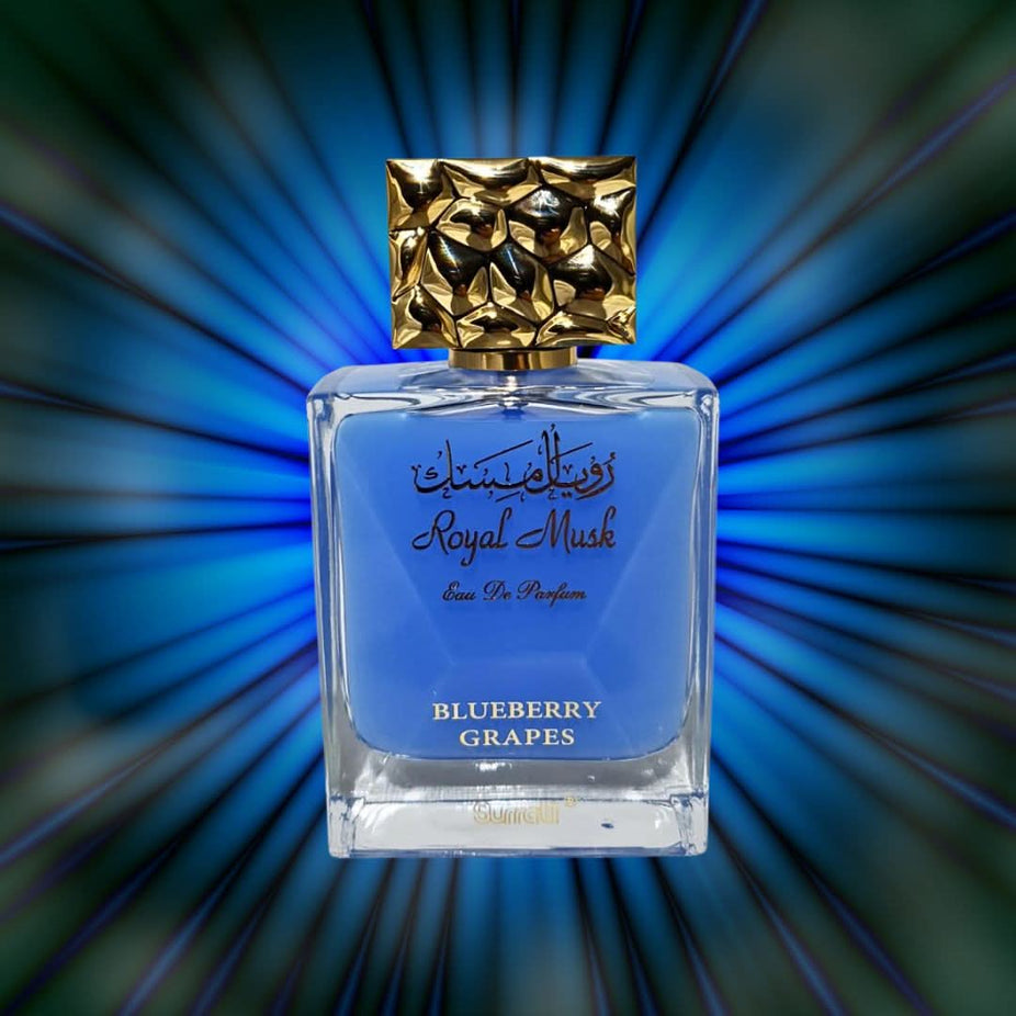 Triple pack of Surrati Royal Musk Blueberry Grapes Eau de Parfum spray bottles, each 100ml, featuring elegant perfume bottles with blue accents.