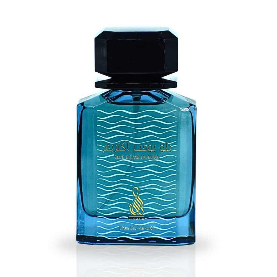 RISALA Blue Bomb Extreme EDP perfume spray 100ml with a sleek bottle, showcasing a luxurious, captivating fragrance for women.