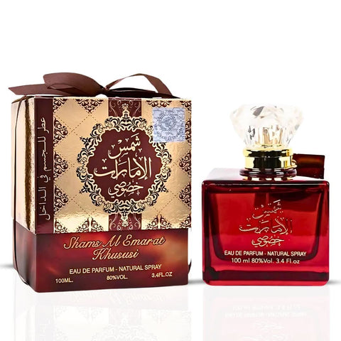 Bundle of Ard Al Zaafaran Shams Al Emarat Khususi and Pink Blush Eau de Parfum sprays in 100ml bottles, featuring floral and spicy scents.