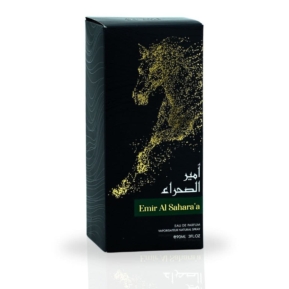 RISALA Emir Al Sahara'a EDP 90ML perfume bottle, elegant design, showcasing the luxurious fragrance packaging.