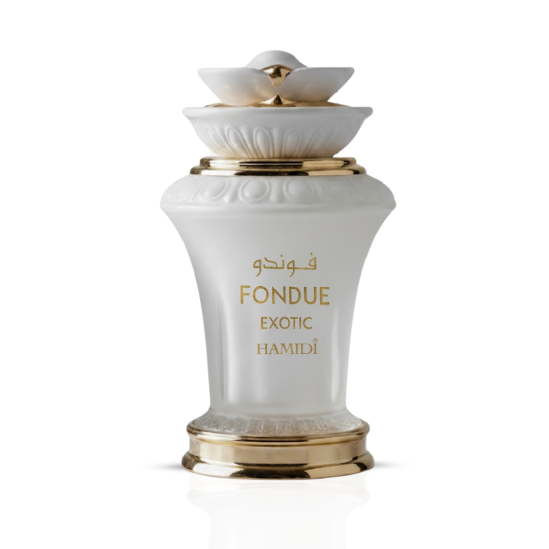 Hamidi Fondue Exotic Eau de Parfum Spray 100ml with velvet pouch, showing the elegant perfume bottle and packaging.