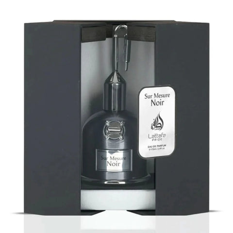 Lattafa Pride Sur Mesure Noir Eau De Parfum spray bottle, 100ml, with sleek black packaging and elegant design.
