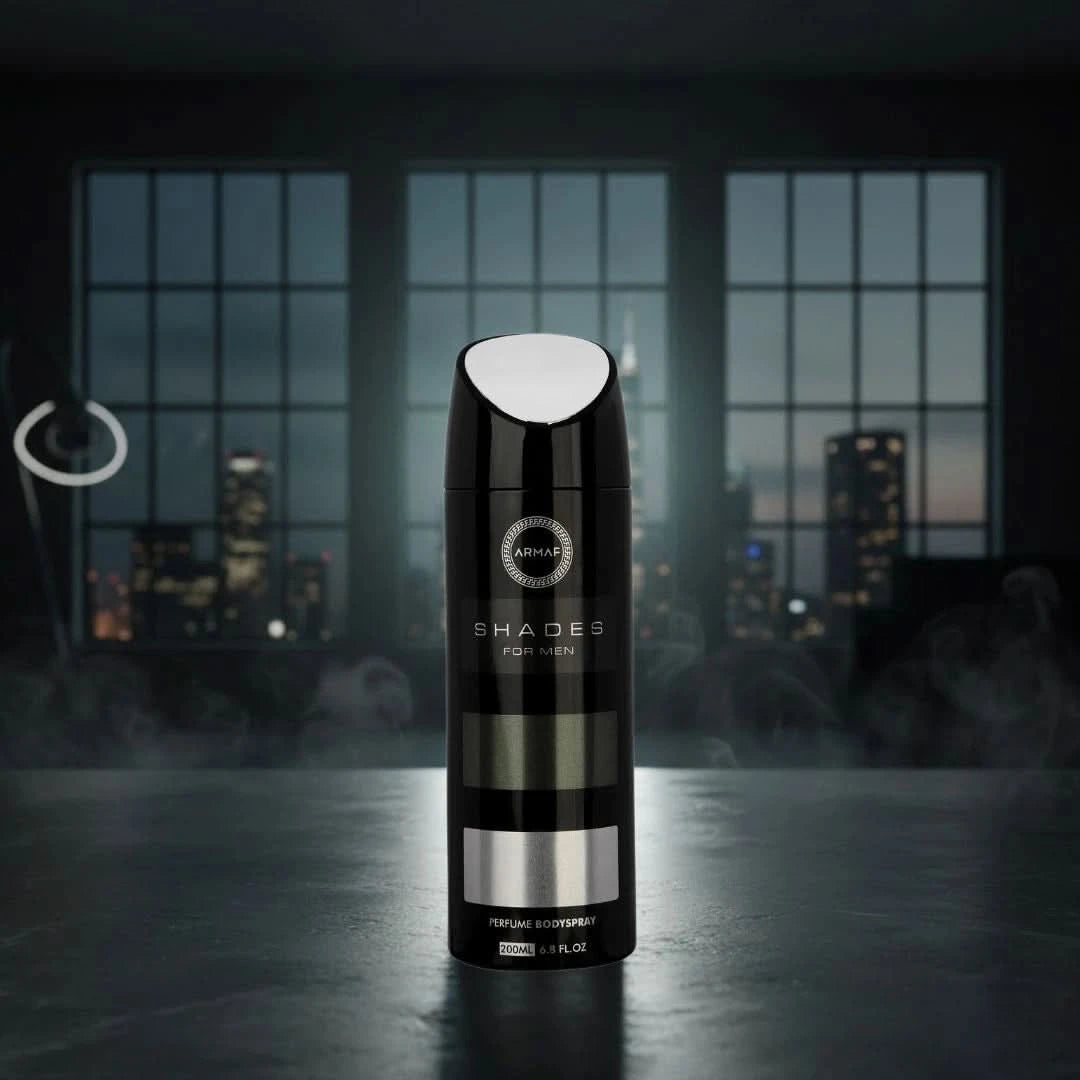 Armaf Shades deodorant spray 200ml bottle, featuring a sleek design and spray nozzle for freshening and odor protection.