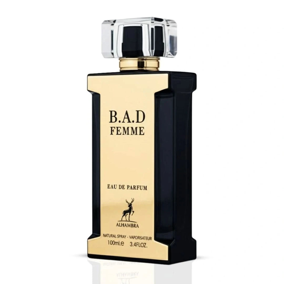 Maison Alhambra B.A.D. Femme Eau de Parfum spray bottle, 100ml, with elegant packaging and floral design.