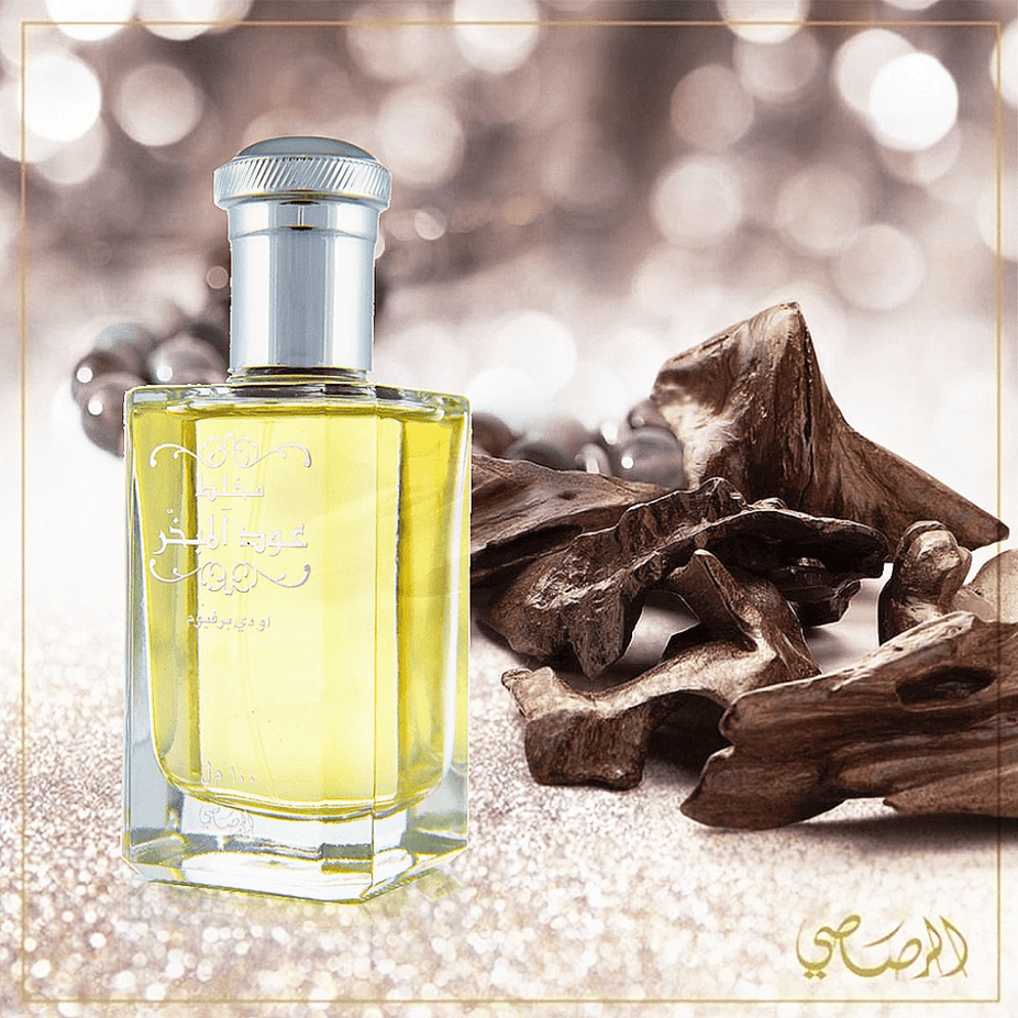 Rasasi Mukhallat Oudh Al Mubakhar Eau De Parfum 100ml bottle with elegant packaging and floral and oud fragrance details
