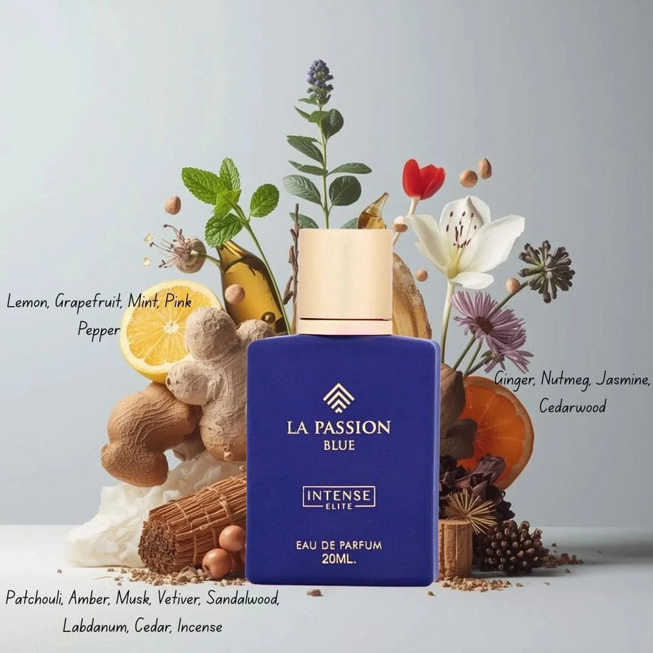 Bundle of three Intense Elite Eau de Parfum sprays: La Passion Blue, La Passion Absolu, and Crave Extreme in 20ml bottles.