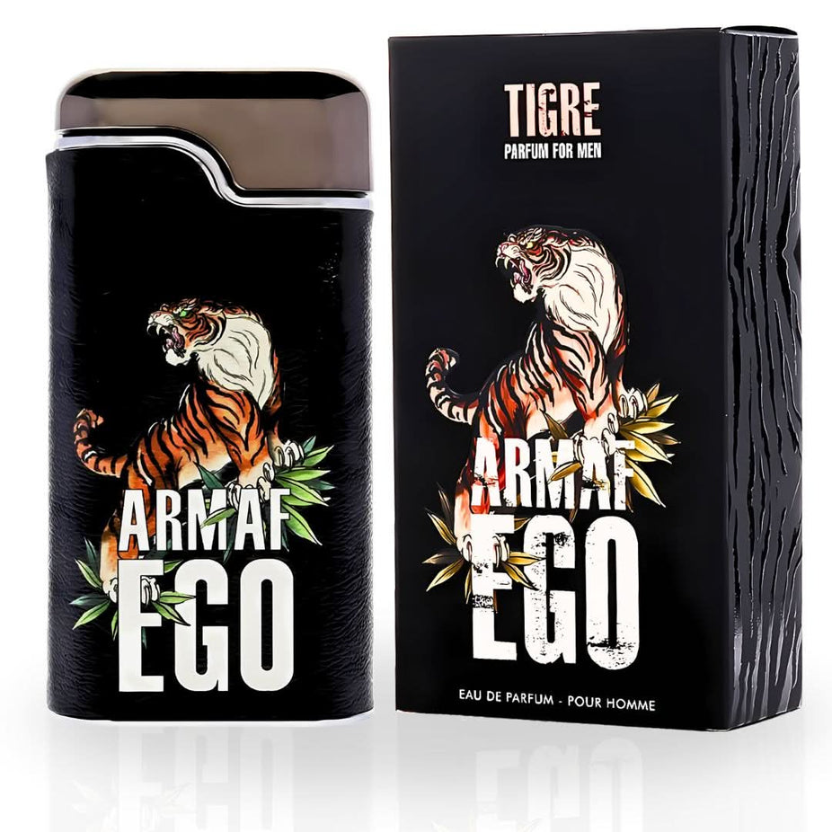 Ego Tigre Parfum for Men by Armaf, 100ml Eau De Parfum spray, featuring a sleek bottle with aquatic, fresh fragrance notes.