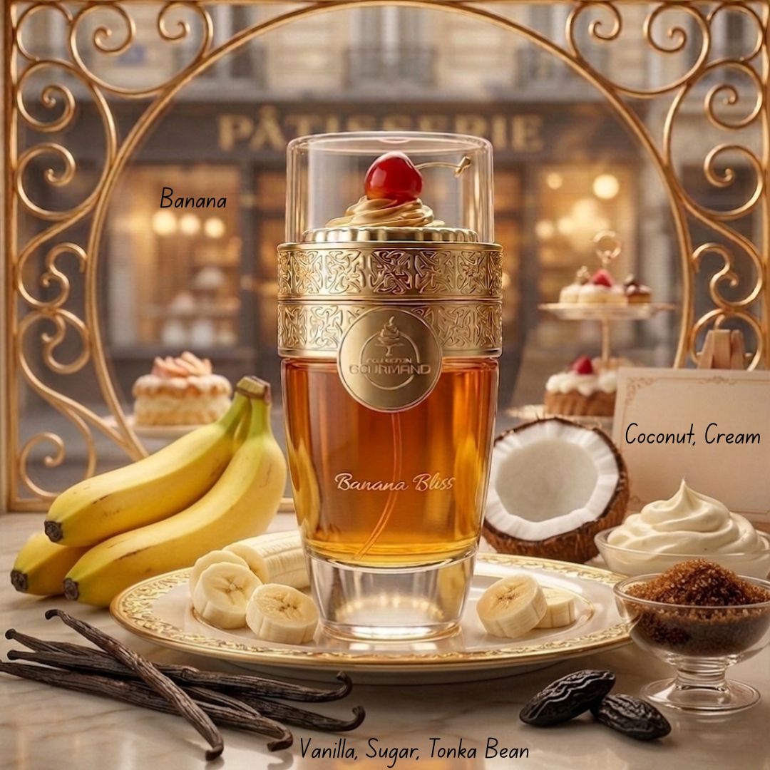Bundle of Paris Corner Banana Bliss and Zimaya Tiramisu Caramel Eau de Parfum sprays in 100ml bottles, featuring fruity and caramel scents