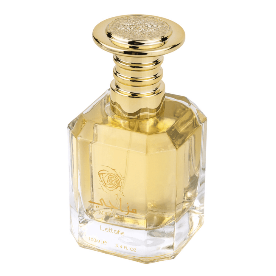 Lattafa Mazaaji for Women EDP 100ML perfume bottle with elegant design and floral accents.
