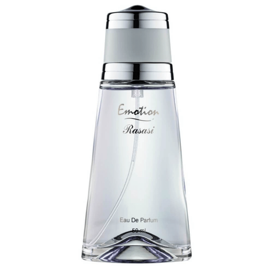 Rasasi Emotion for Women EDP 50ML perfume bottle with elegant packaging and floral design on the label.