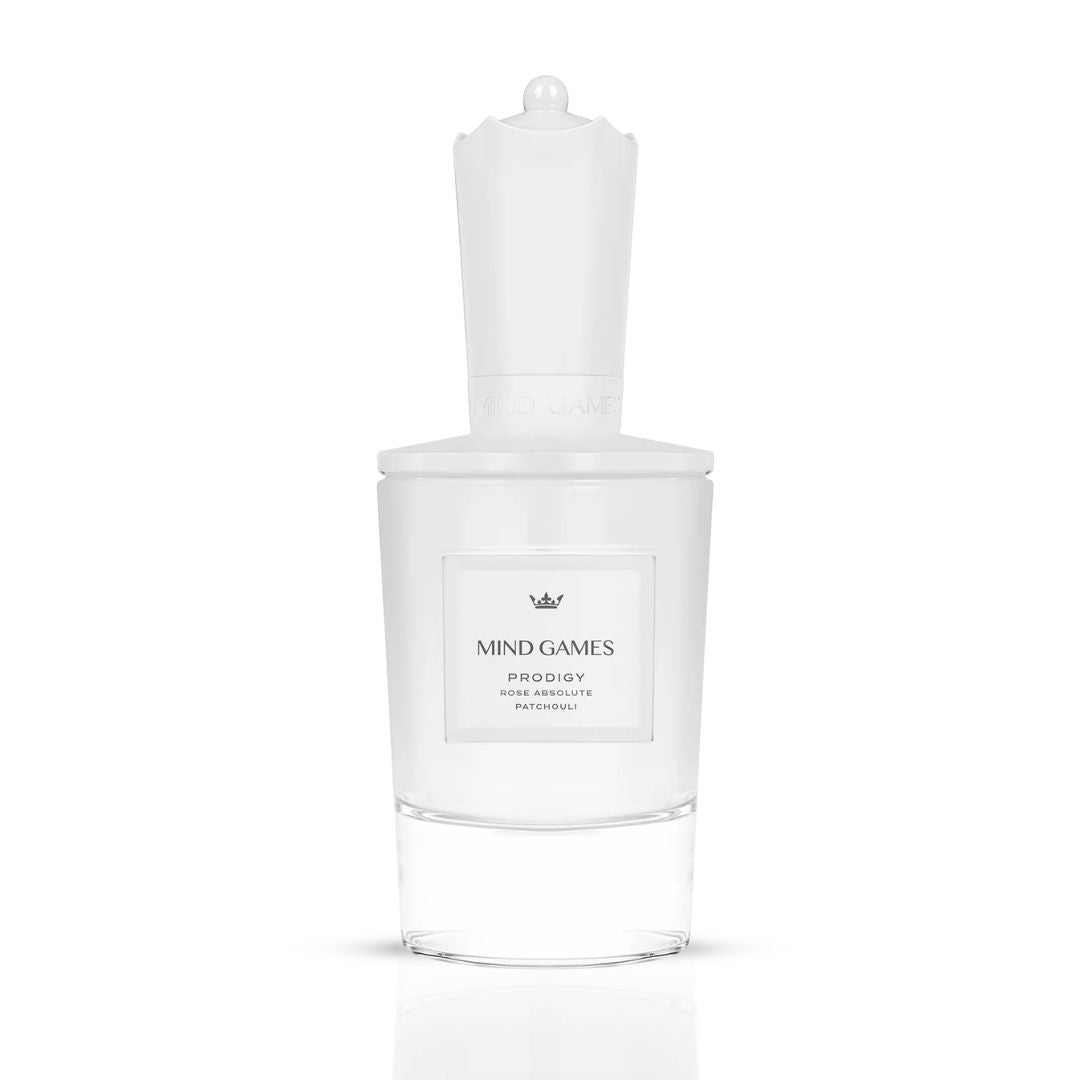 Prodigy Extrait de Parfum by Mind Games in 100ml bottle, elegant glass container with a sleek design and minimalist label.