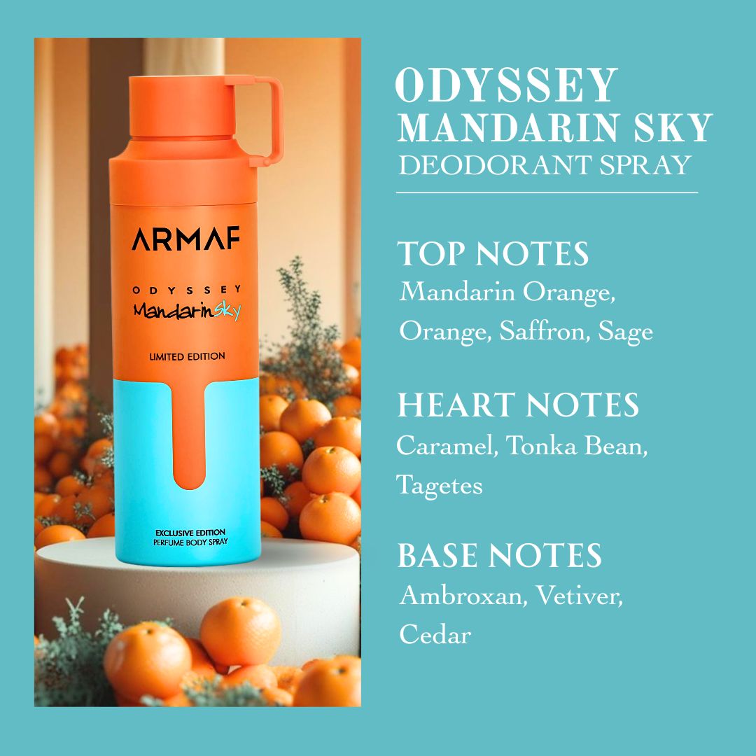Odyssey Mandarin Sky Limited Edition Deodorant Spray 200ml (6.8 oz) by Armaf | Fresh, Rich & Unforgettable - Intense Oud
