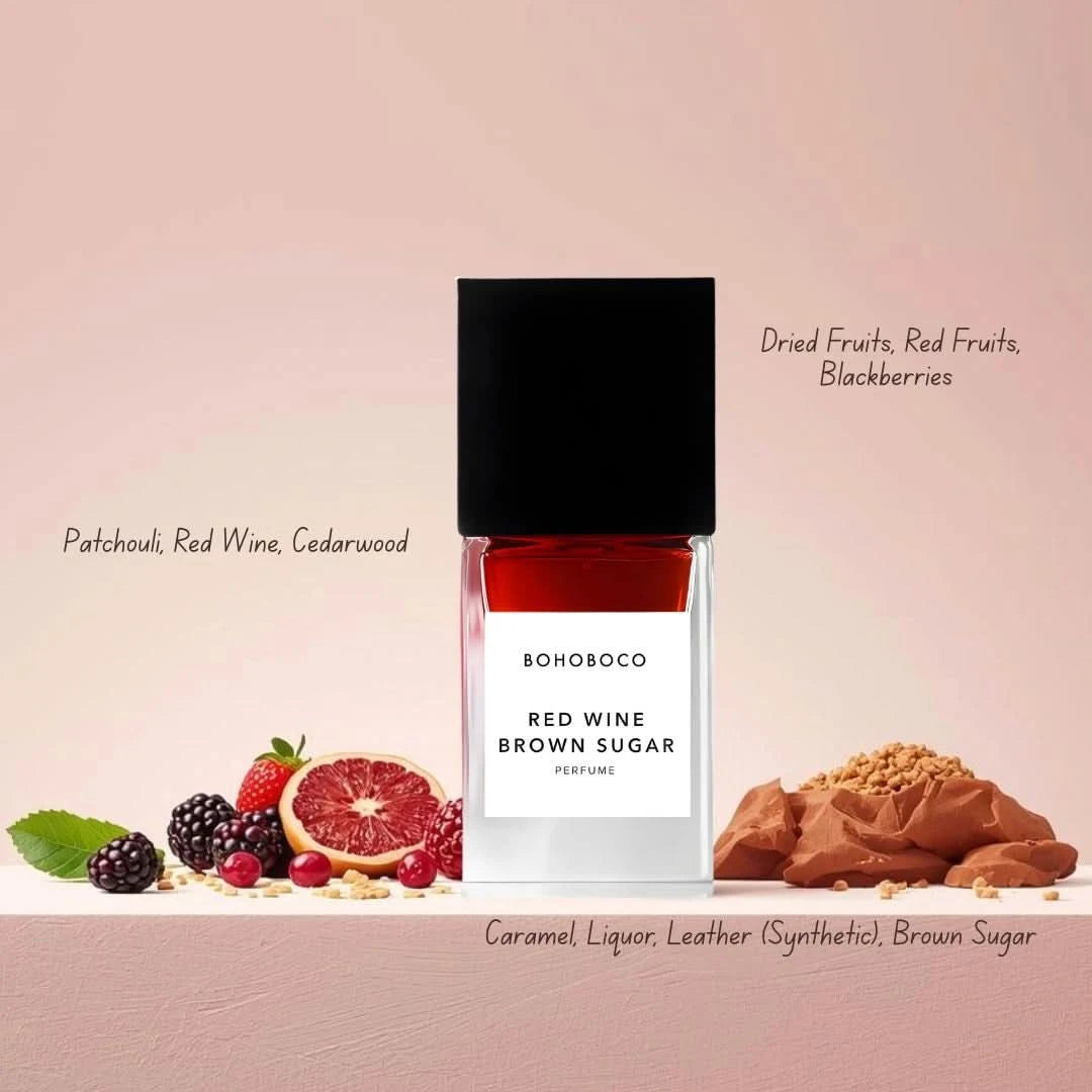 Bohoboco Red Wine Brown Sugar Eau de Parfum spray bottle, 50ml, with elegant design and deep red accents.