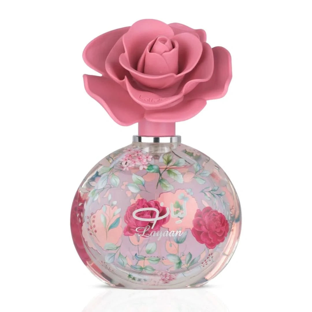 Lattafa Layaan Eau de Parfum spray 75ml with velvet pouch, featuring a sleek glass bottle and elegant fragrance design.