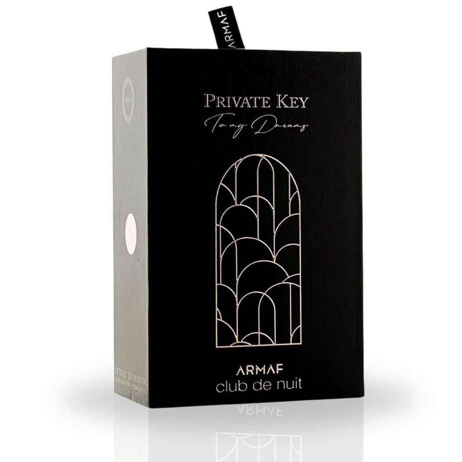 Armaf Club De Nuit Private Key To My Dreams Extrait De Parfum spray 100ml, luxurious and exotic fragrance bottle on white background.