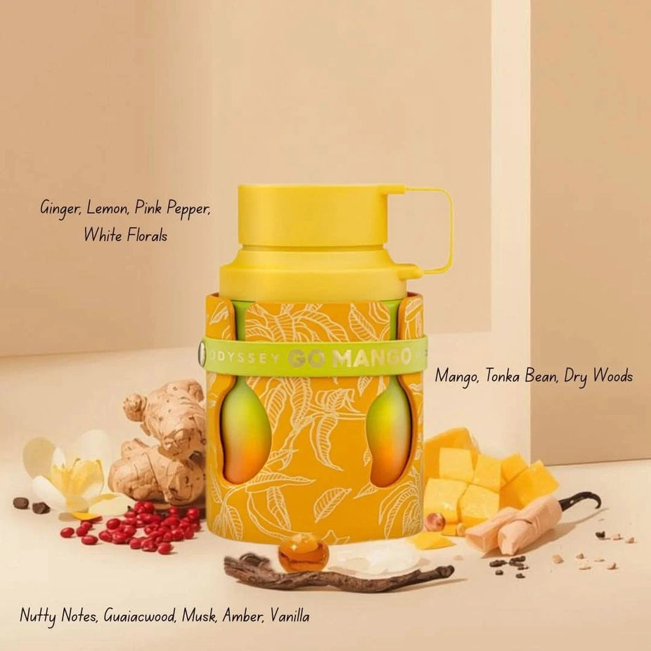 Bundle of Armaf Odyssey Go Mango and Ba Ha Mas Eau de Parfum sprays, 100ml each, featuring sleek bottles and vibrant labels.