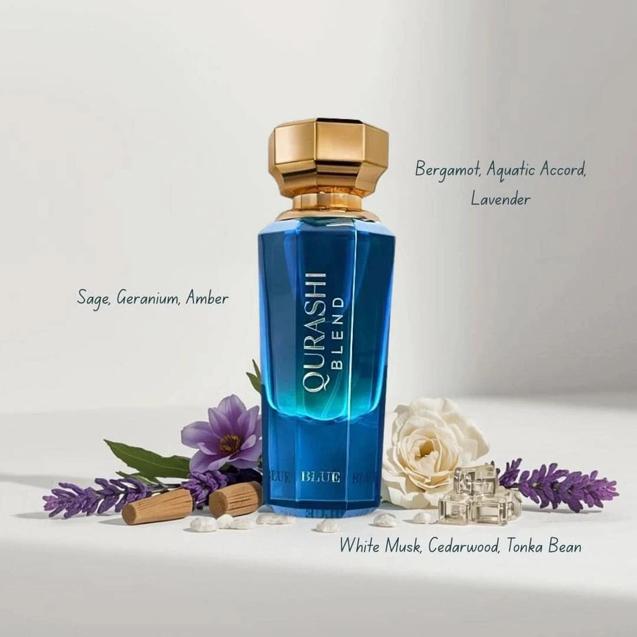 Al Qurashi Blend Blue Eau de Parfum spray bottle by ASQ, 90ml, with elegant blue packaging and sleek design.