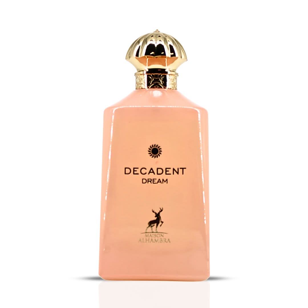 Maison Alhambra Decadent Dream Eau de Parfum spray 100ml with velvet pouch, elegant bottle and floral design.