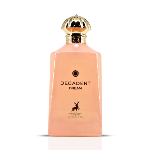 Maison Alhambra Decadent Dream Eau de Parfum spray 100ml with velvet pouch, elegant bottle and floral design.