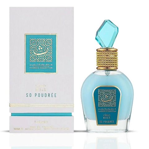 Lattafa Candy Rose, Musk So Poudrée & Sugar Plum Eau de Parfum bundle with three 100ml spray bottles, elegant packaging.