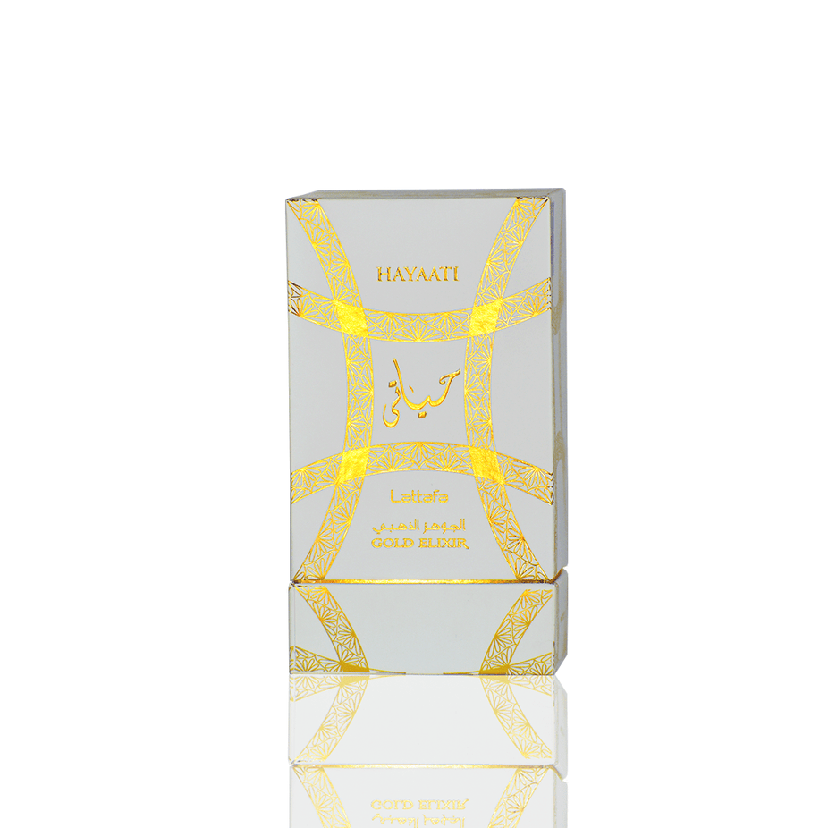 Lattafa Hayaati Gold Elixir for Women Eau De Parfum 100ML bottle displayed with elegant packaging and gold accents.
