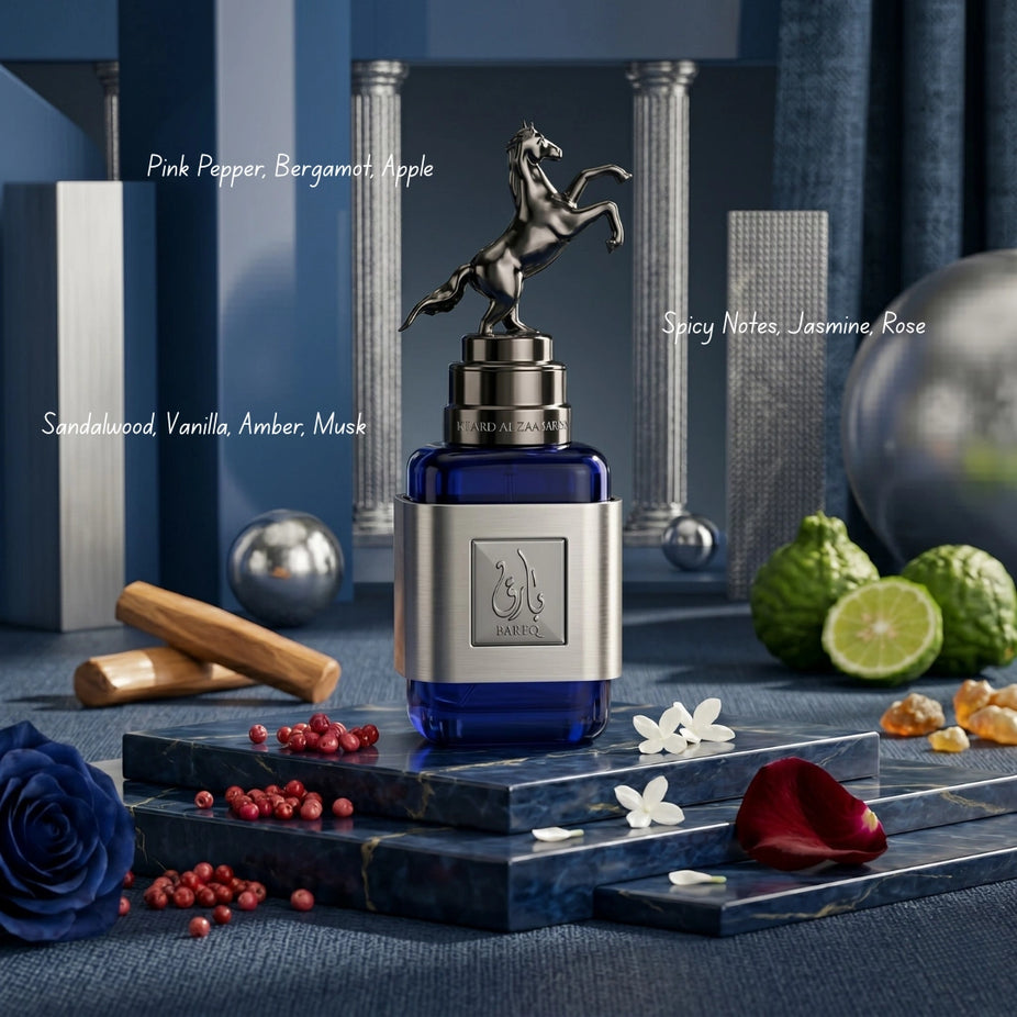 Bundle of Ard Al Zaafaran Bareq & Mirage Eau de Parfum sprays, 100ml each, with elegant perfume bottles and packaging.