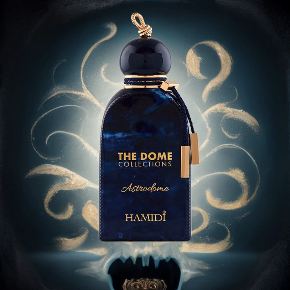Hamidi The Dome Astrodome and Taj Eau de Parfum sprays in 100ml bundle, featuring elegant glass bottles with decorative caps.