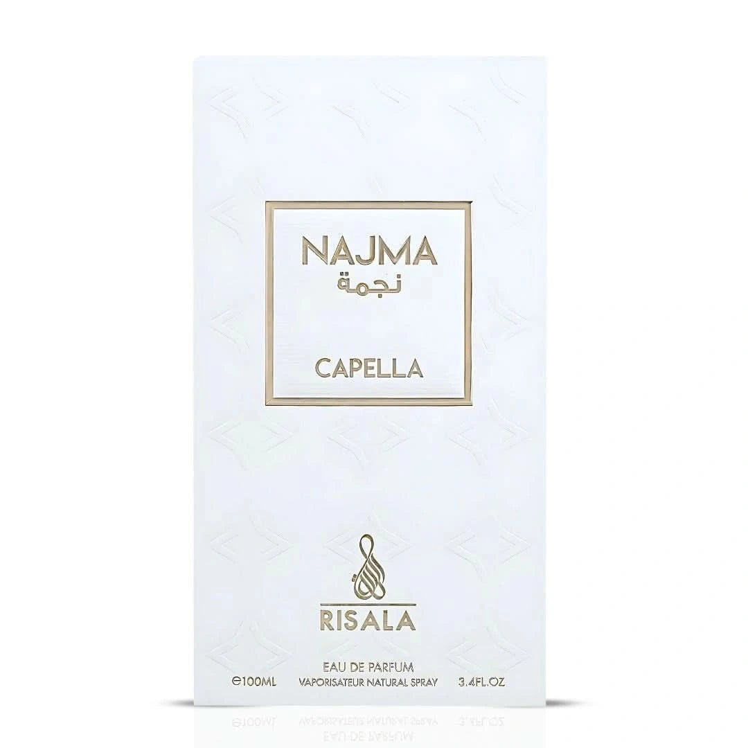Najma Capella Eau de Parfum Spray by RISALA, 100ml, featuring elegant perfume bottle with golden accents and floral design.