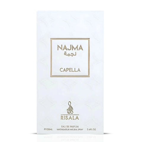 Najma Capella Eau de Parfum Spray by RISALA, 100ml, featuring elegant perfume bottle with golden accents and floral design.
