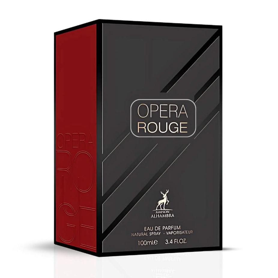 Maison Alhambra Opera Rouge Eau de Parfum spray 100ml with elegant packaging and floral design.