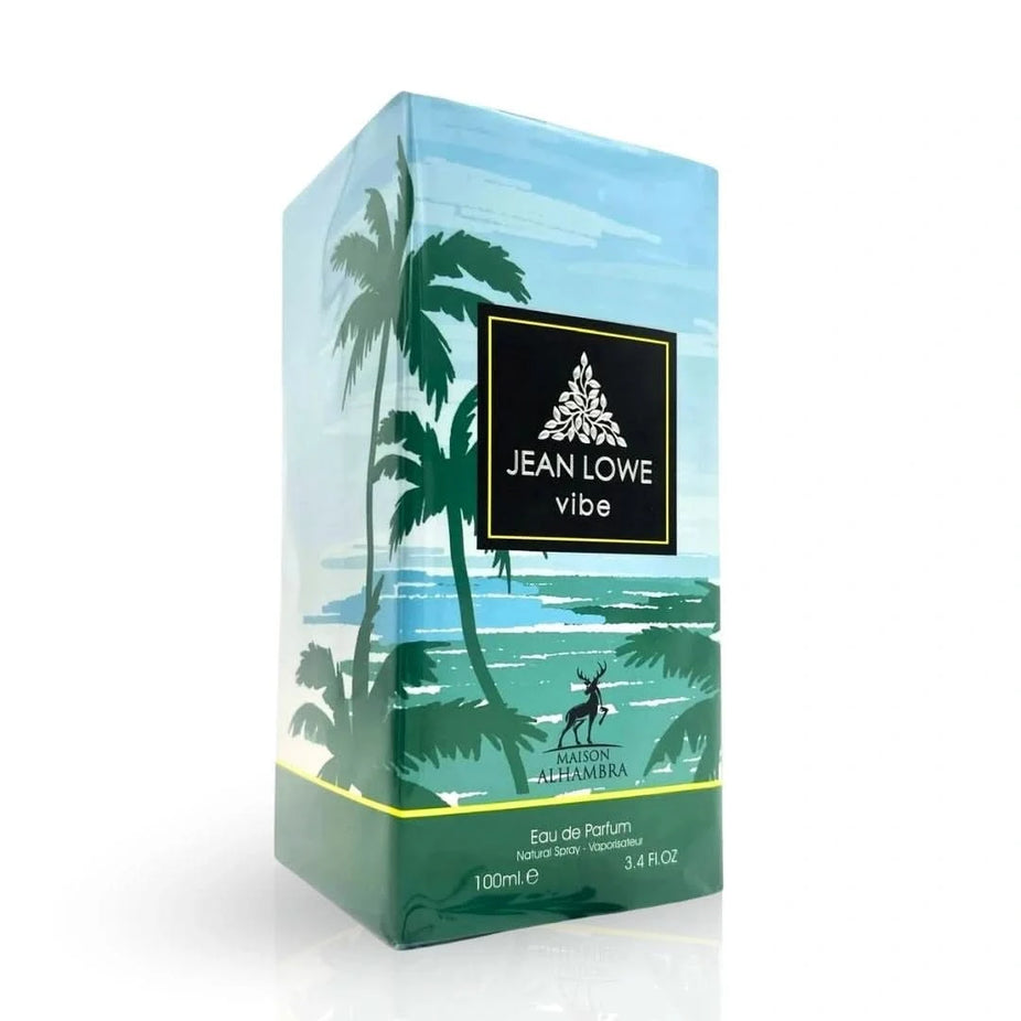 Maison Alhambra Jean Lowe Vibe Eau De Parfum spray 100ml bottle with elegant packaging and floral design.