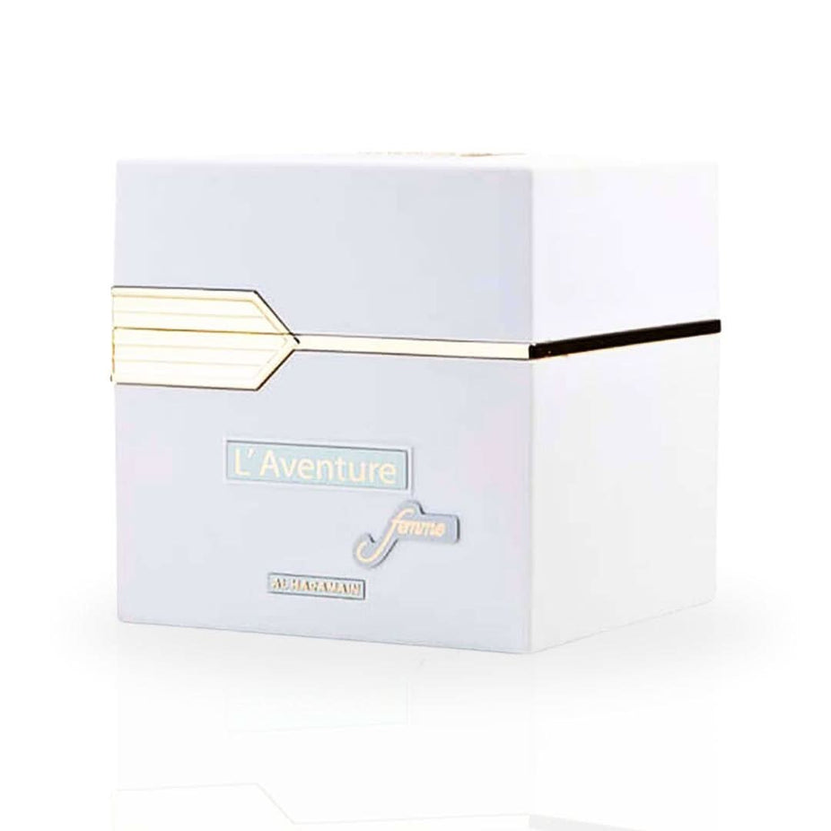 Al Haramain L'Aventure Femme Eau de Parfum spray, 100ml bottle with elegant design and floral fragrance accents.