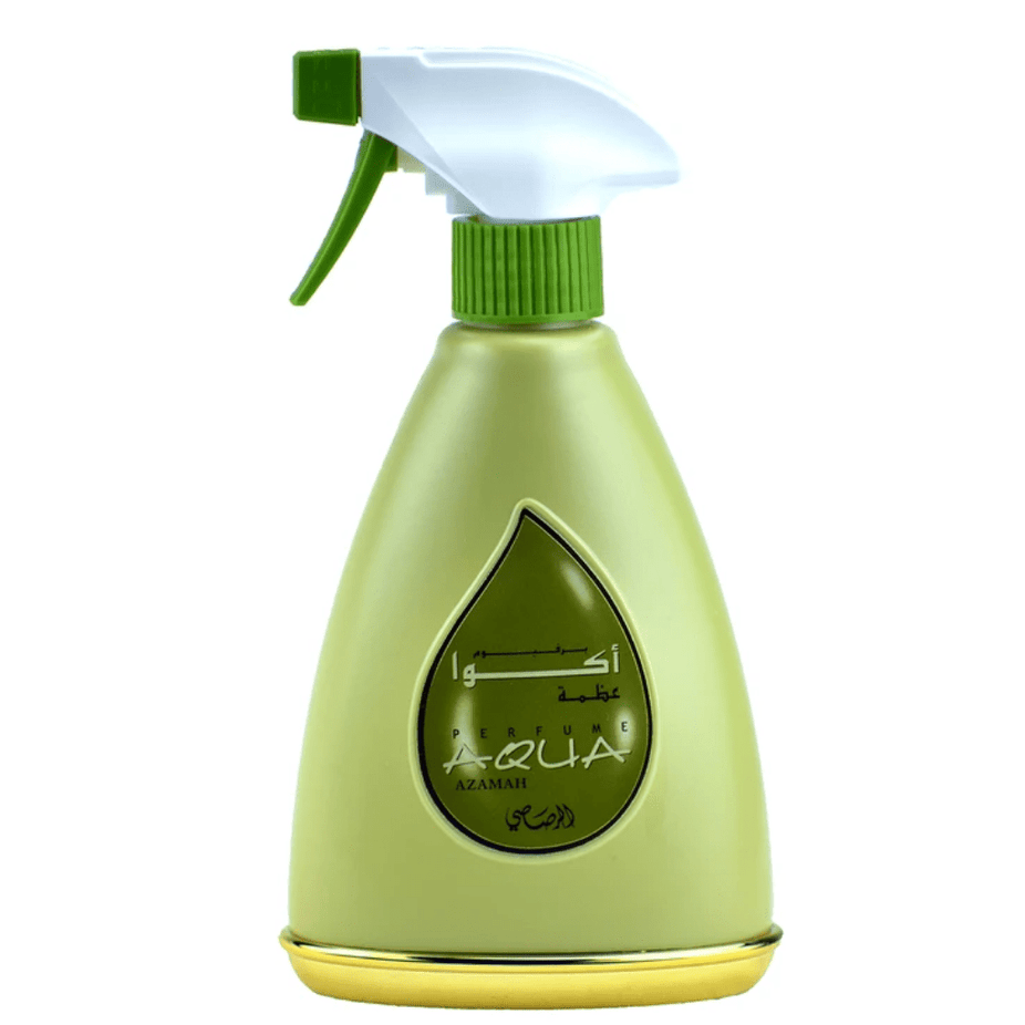 Aqua Azamah air freshener by Rasasi in a 375ml bottle, featuring a sleek design with a clear label and blue accents.
