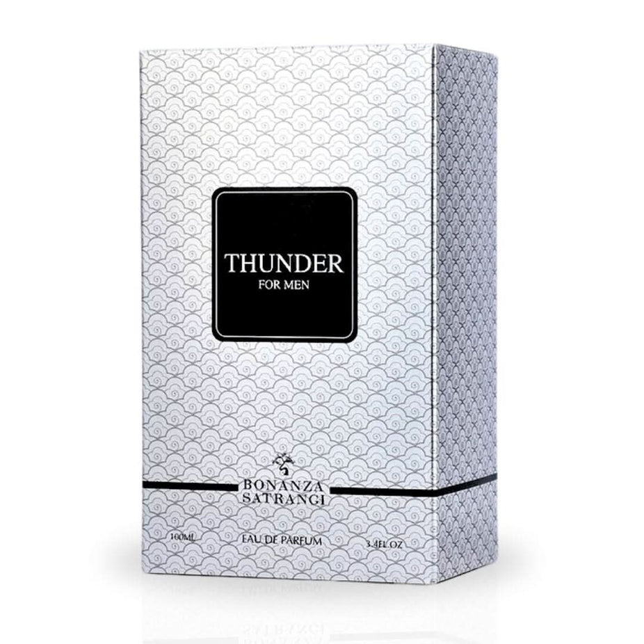 Bonanza Satrangi Thunder For Men EDP spray 100ML bottle, showcasing the luxurious, long-lasting spicy and warm fragrance.