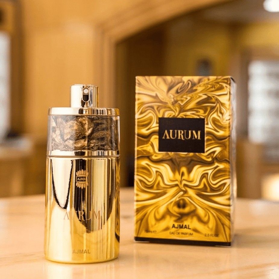 Aurumm for Women Eau De Parfum by Ajmal in 75 ML bottle, elegant fragrance bottle with floral and fruity design.