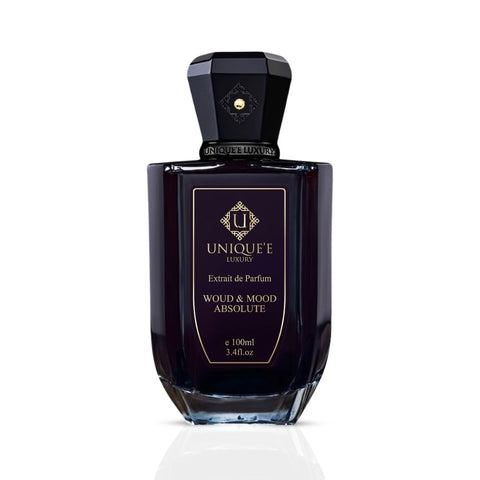 Unique'e Luxury Woud & Mood Absolute Extrait de Parfum 100ml EDP bottle with elegant black cap and minimalist design.