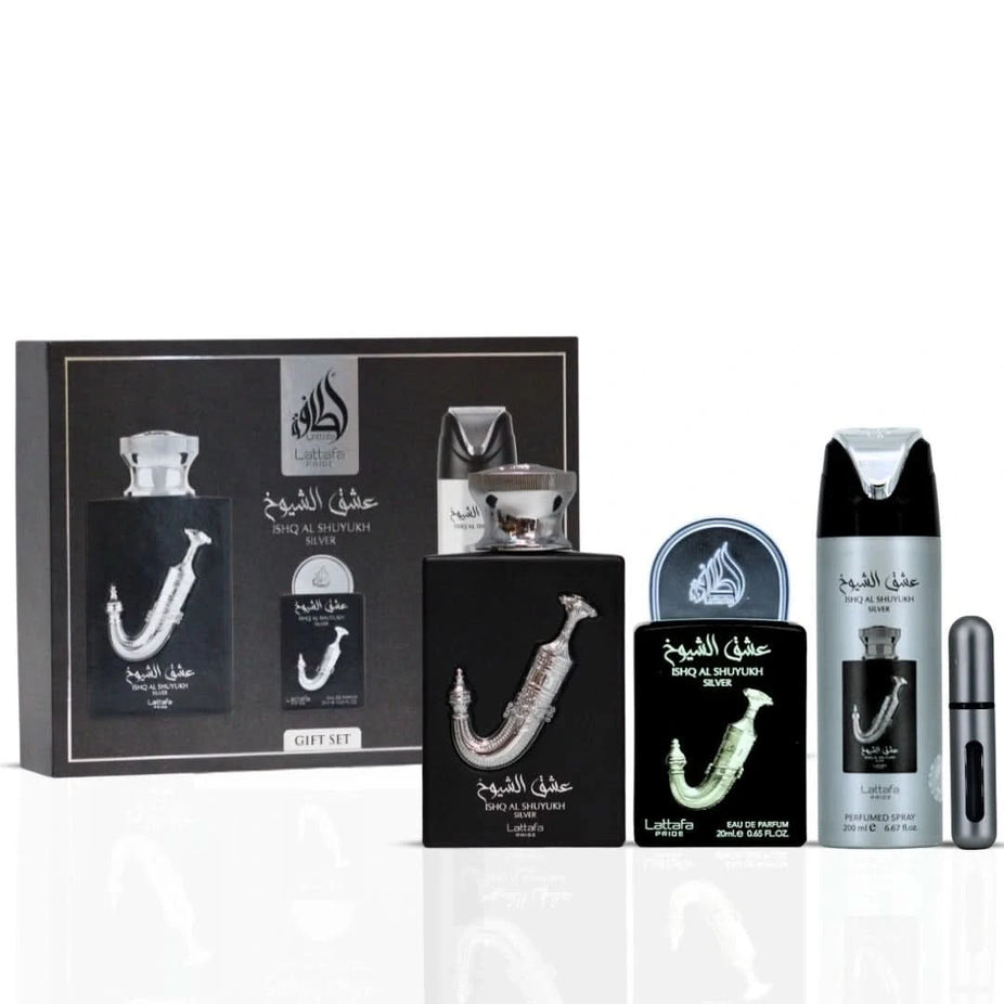 Lattafa Pride Ishq Al Shuyukh silver 3-piece perfume gift set with decorative bottles and elegant packaging.